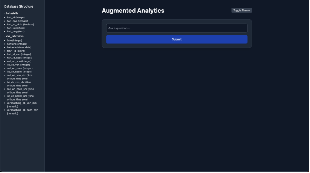 Dark interface with a question field and the database structure listed on the left